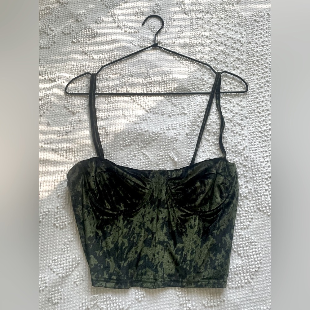 Olive Green Patterned Velvet Bustier Crop Top